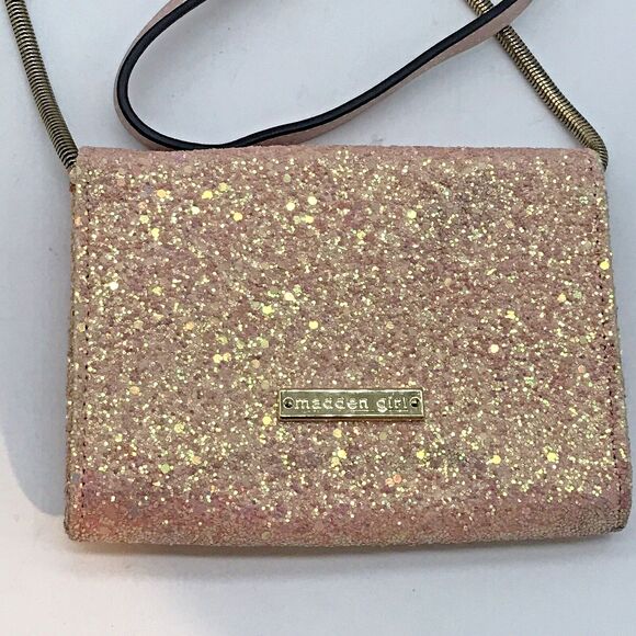 Madden Girl Pink Glitter Crossbody Bag Adjustable Strap Pockets Sparkly Evening - Picture 7 of 9